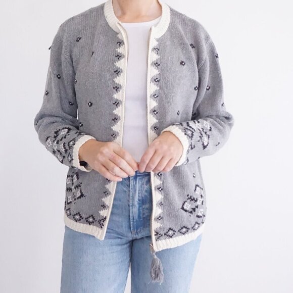 Vintage Northern Reflections Grey Knit Zip Up Cotton Blend Cardigan Sweater M - Picture 2 of 10